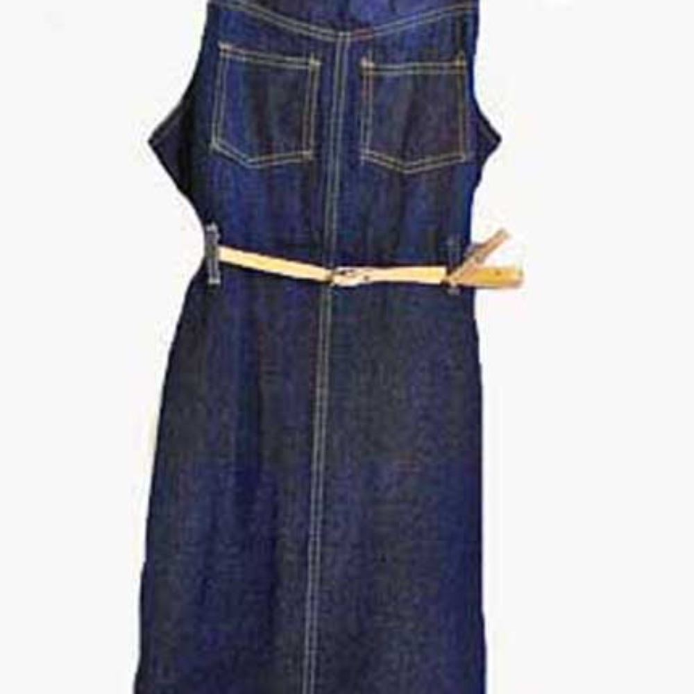 DENIM DRESS 1967, NAVY BLUE, JUNIOR 13, SHOULDER STRAPS, BELT, TWO BUST POCKETS,